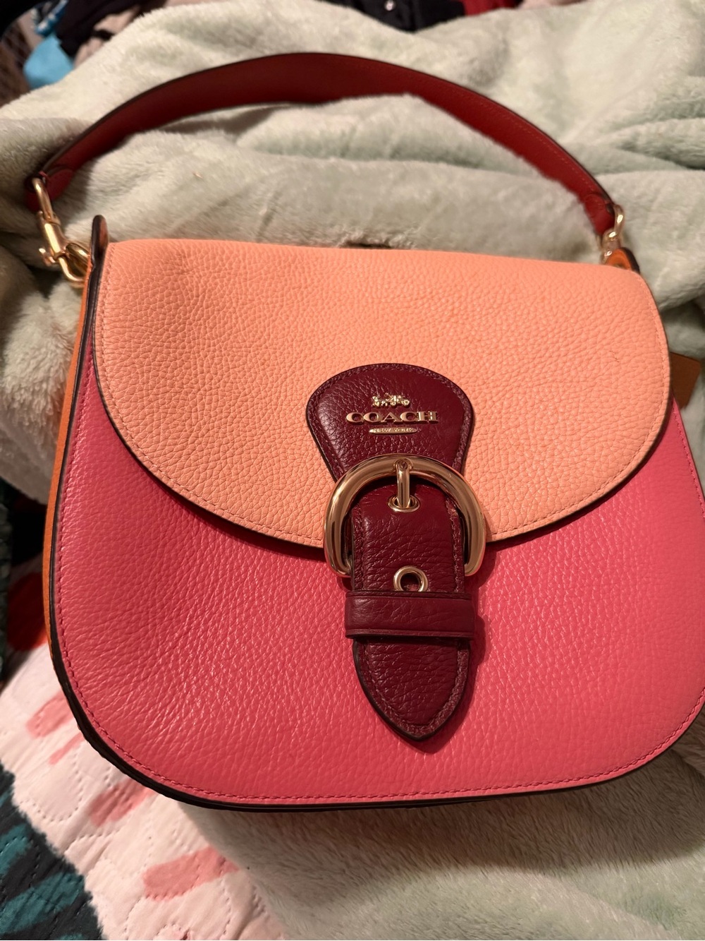Coach Colorblock Pink & Peach Leather Saddle Bag with Burgundy Trim